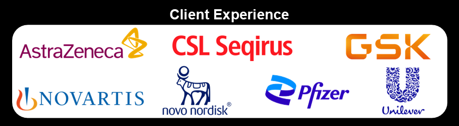 A banner showing ADIGILEAP's client experience including AstraZeneca, CSL, GSK, Novartis, Novo Nordisk, Pfizer and Unilever