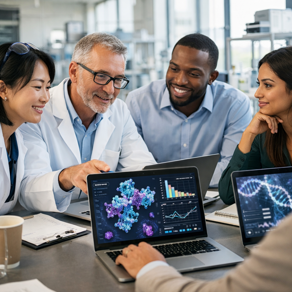 Team of pharmaceutical scientists and digital technology consultants collaborating around a table with laptops