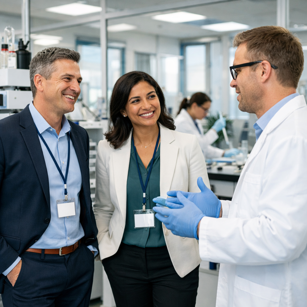 Two digital transformation consultants touring a modern pharmaceutical laboratory and talking to a scientist